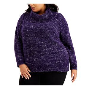 CALVIN KLEIN Womens Purple Speckle Long Sleeve Cowl Neck Sweater Plus 0X
